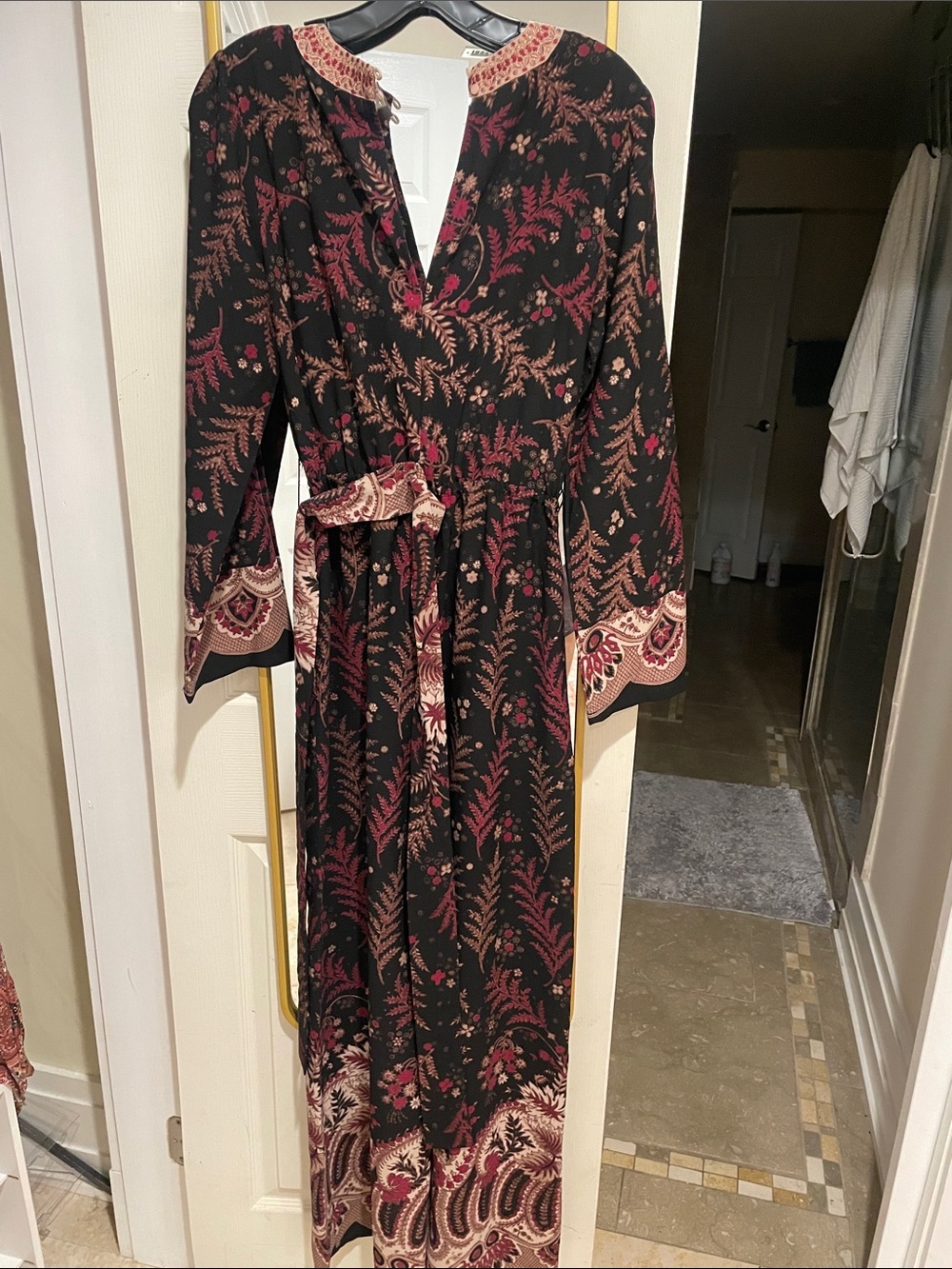 Bohemian Floral Wrap Jumpsuit in Black and Burgundy - Picture 3 of 3